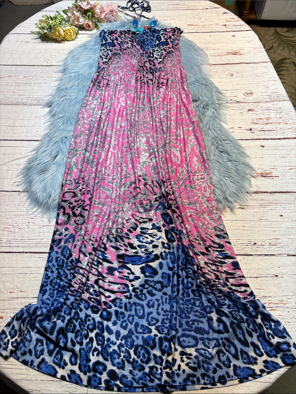 Club Z Collection Pink Blue Cheetah Print Ombre Halter Maxi Dress sz XL